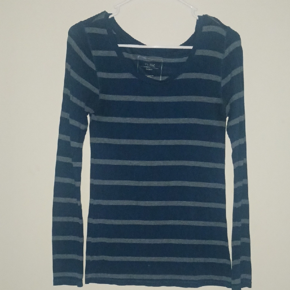 Talbots Navy and Gray Striped Long Sleeve Top